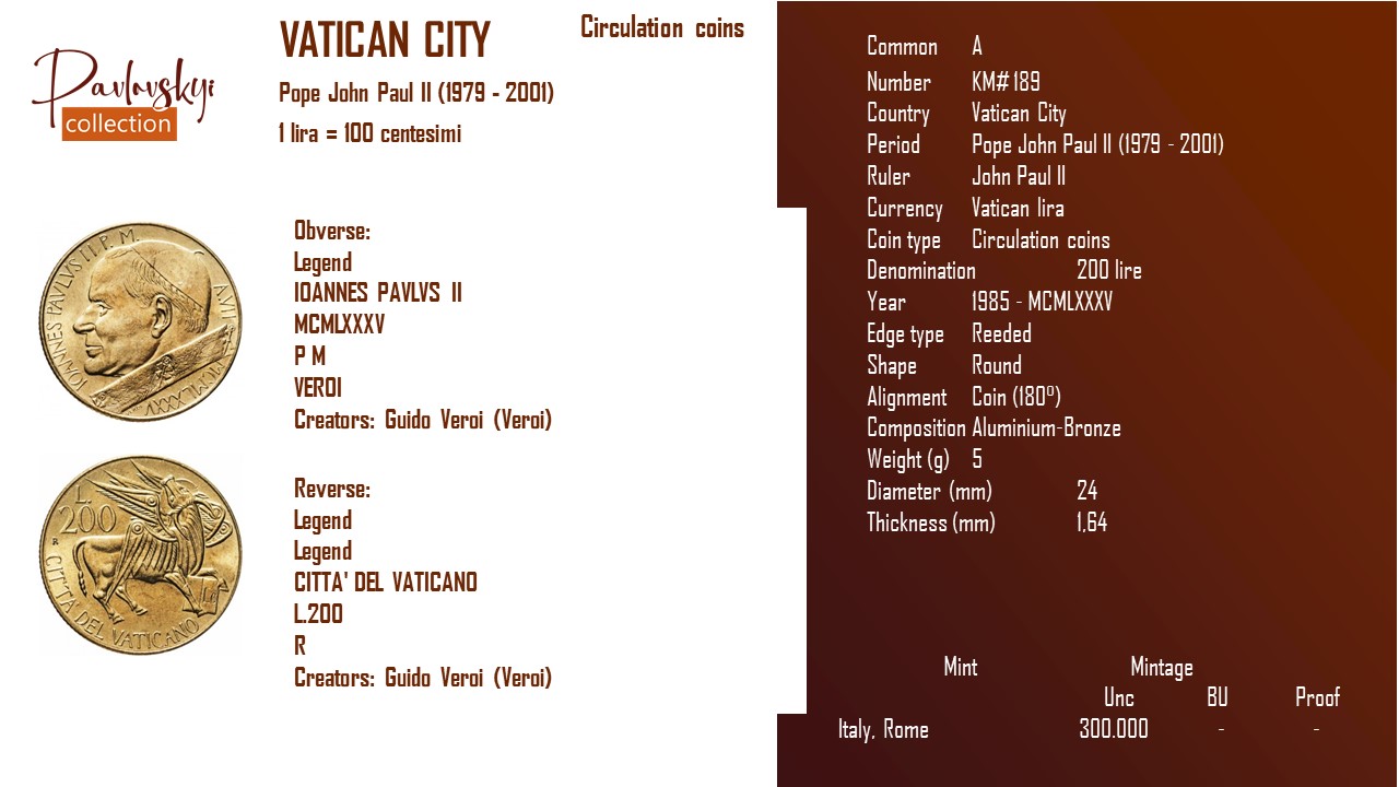 Ви зараз переглядаєте Vatican City 200 lire 1985 – MCMLXXXV