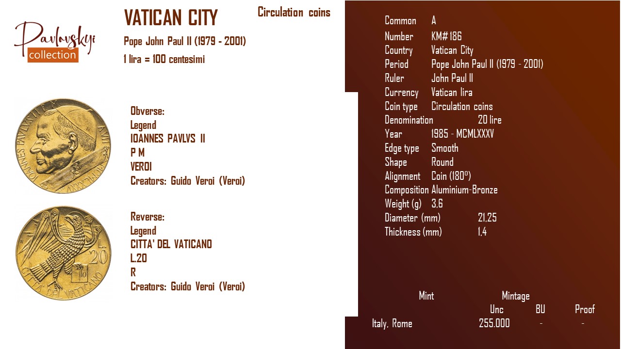 Детальніше про статтю Vatican City 20 lire 1985 – MCMLXXXV