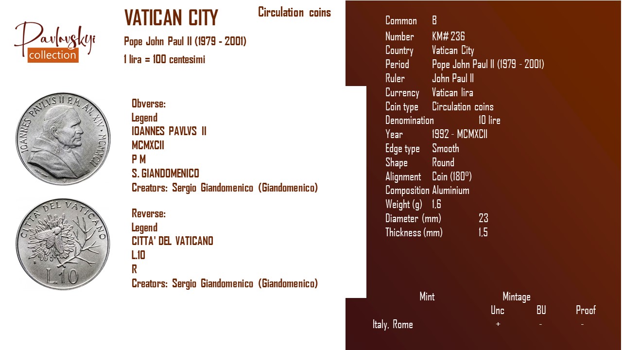 Детальніше про статтю Vatican City 10 lire 1992 – MCMXCII