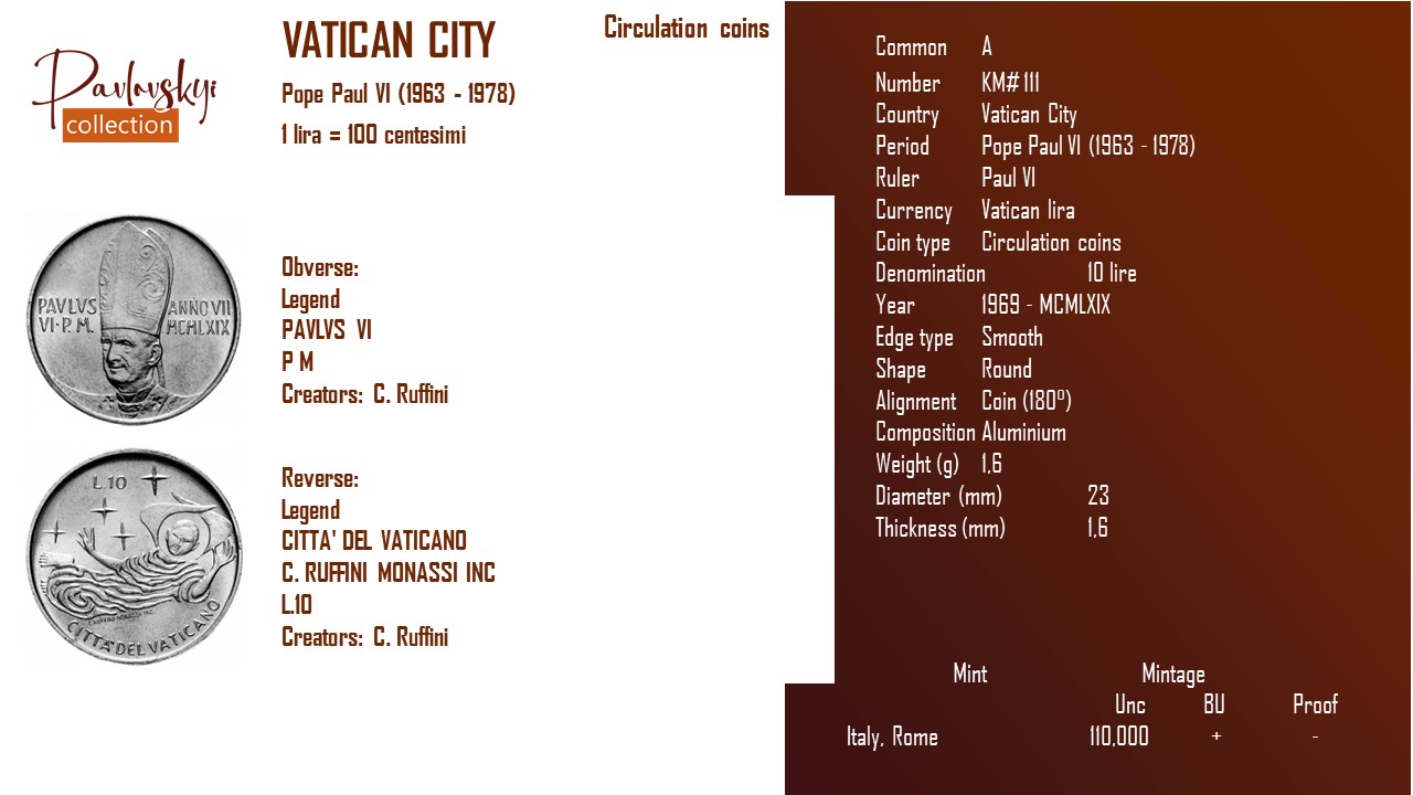 Детальніше про статтю Vatican City 10 lire 1969 – MCMLXIX