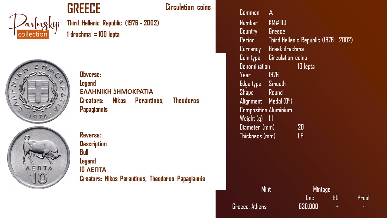Детальніше про статтю   Greece 10 lepta 1976