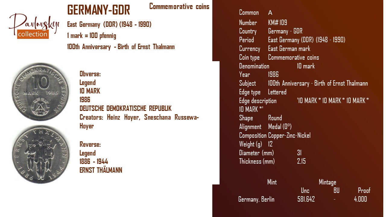 Ви зараз переглядаєте Germany – GDR 10 mark 1986
