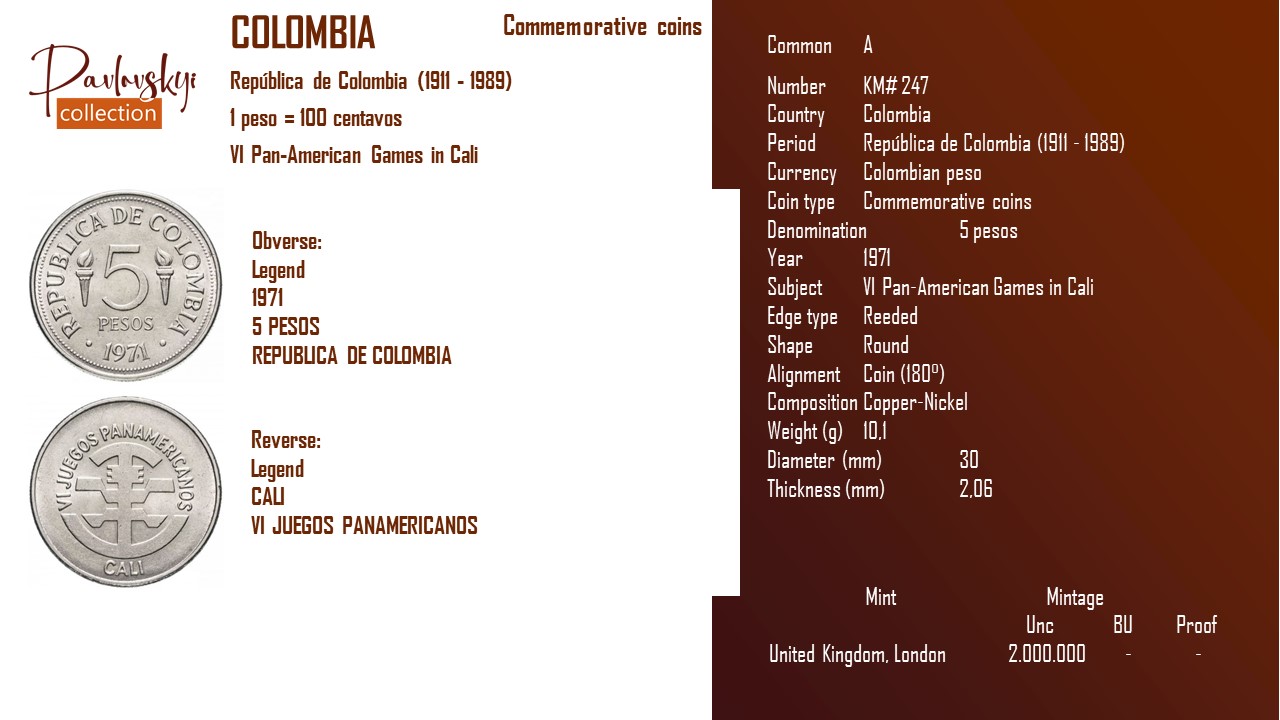 Детальніше про статтю Colombia 5 pesos 1971