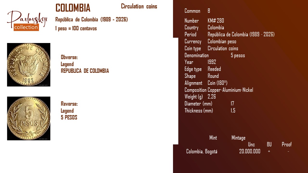 Детальніше про статтю Colombia 5 pesos 1992