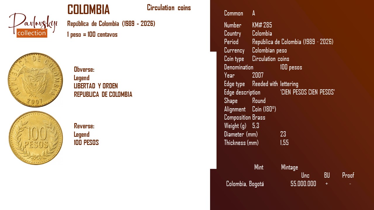 Детальніше про статтю Colombia 100 pesos 2007