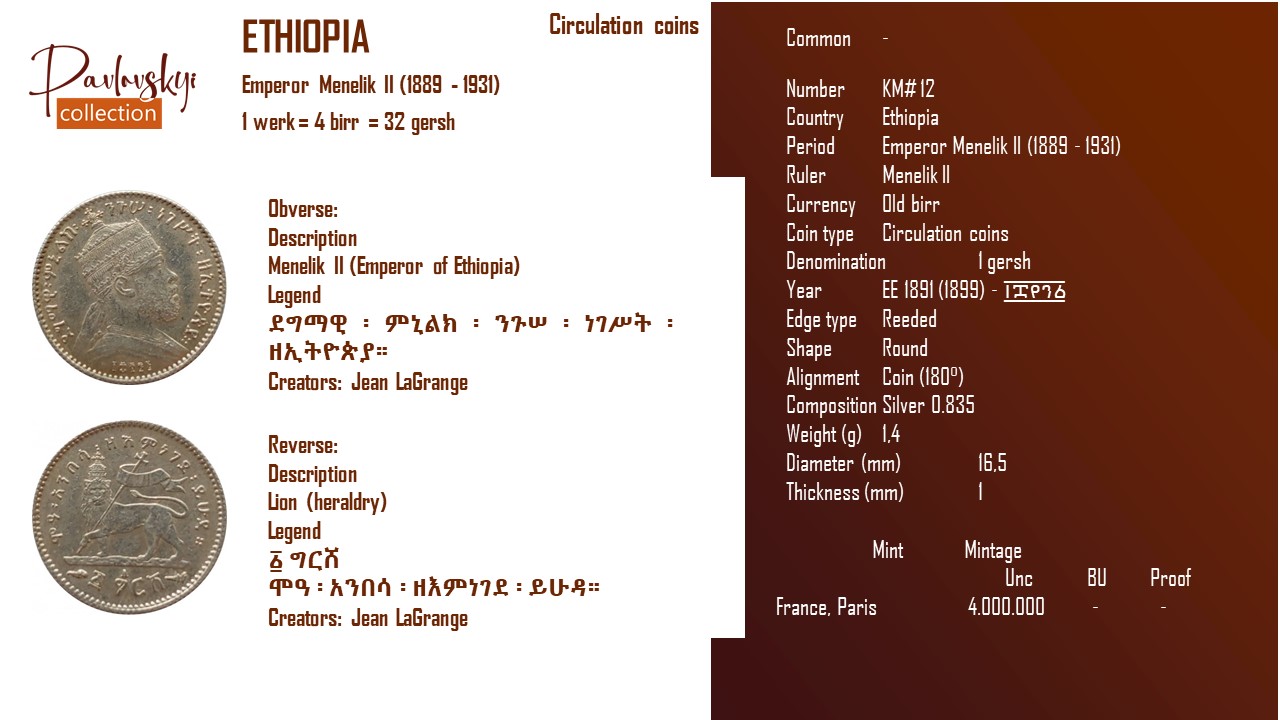 Детальніше про статтю Ethiopia 1 gersh EE 1891 (1899) – ፲፰፻፺፩