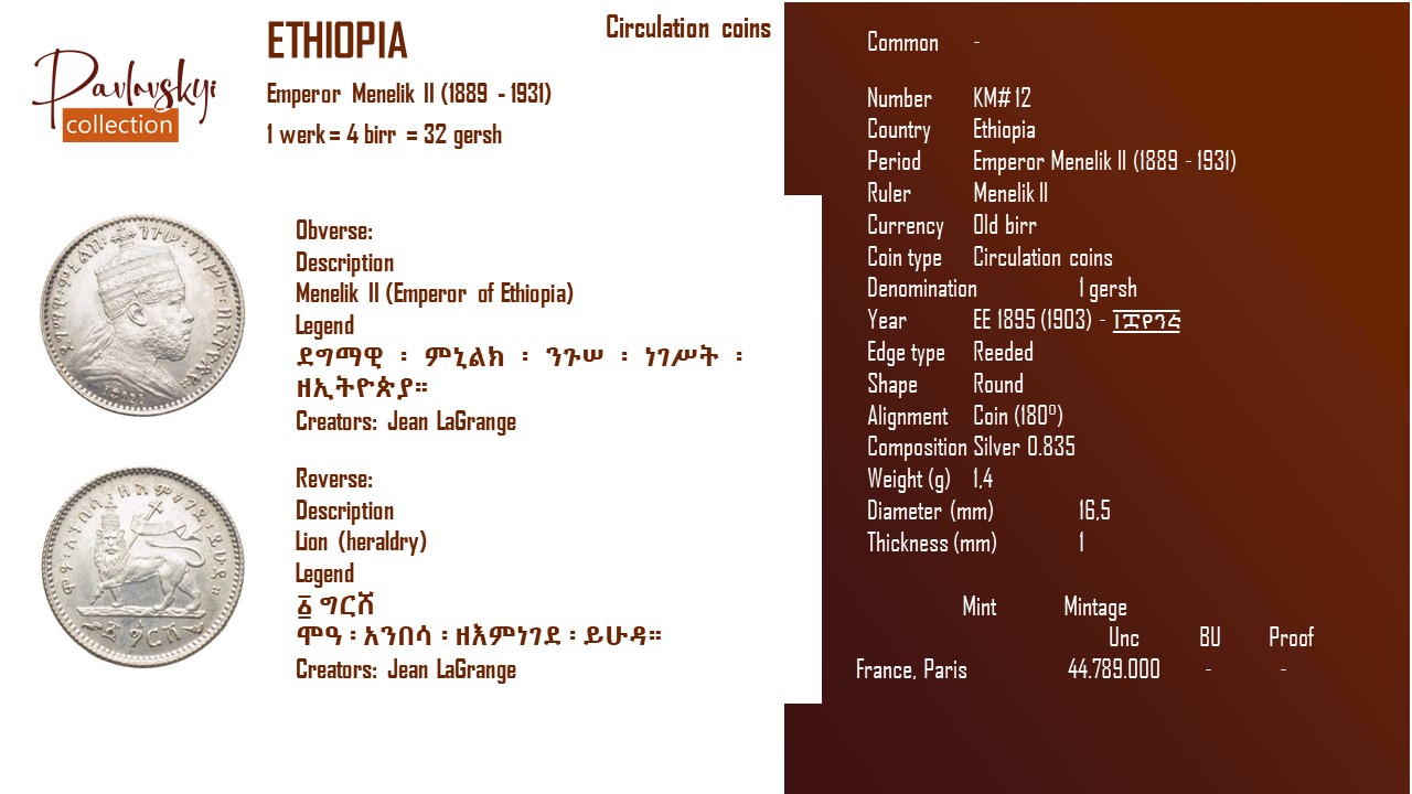 Детальніше про статтю Ethiopia 1 gersh EE 1891 (1899) – ፲፰፻፺፩