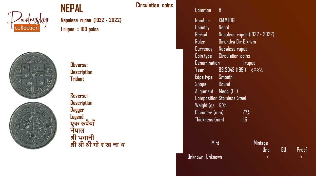 Ви зараз переглядаєте Nepal 1 rupee BS 2048 (1991) – २०४८