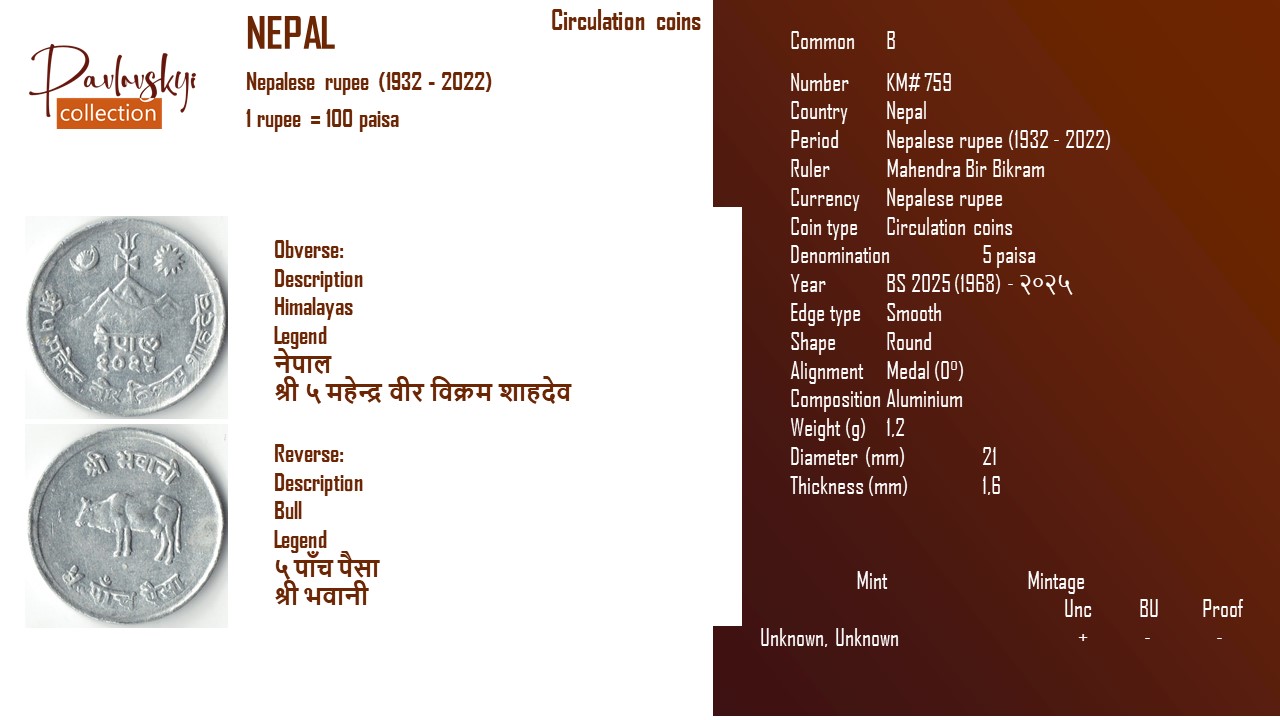 Детальніше про статтю Nepal 5 paisa BS 2025 (1968) – २०२५
