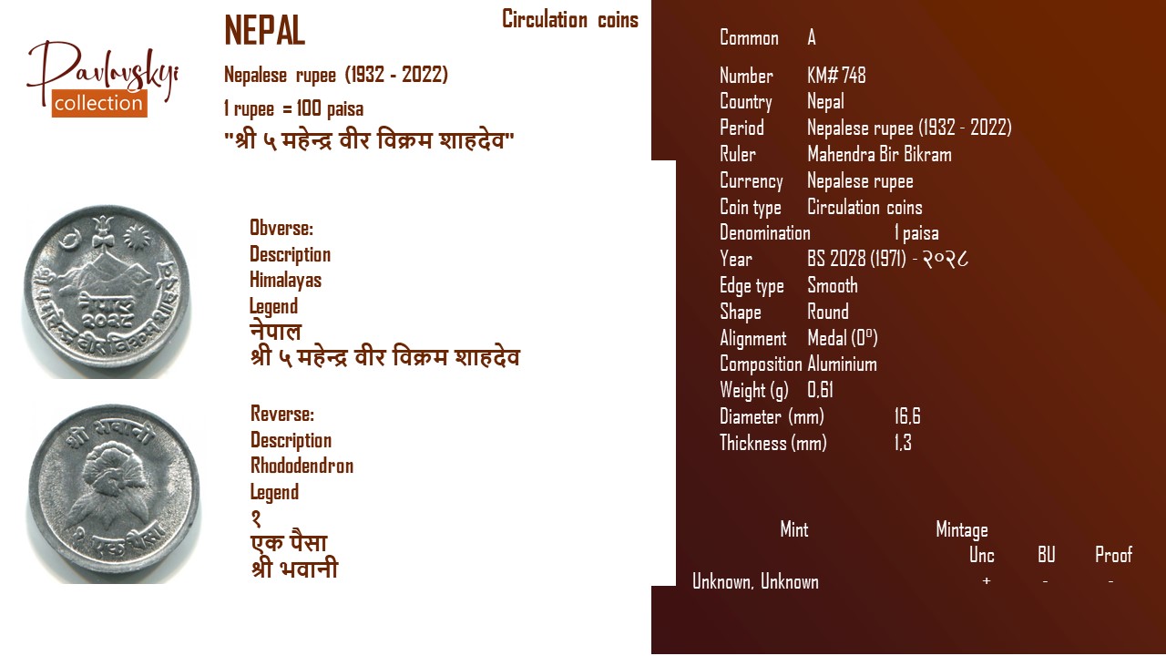 Детальніше про статтю Nepal 1 paisa BS 2028 (1971) – २०२८