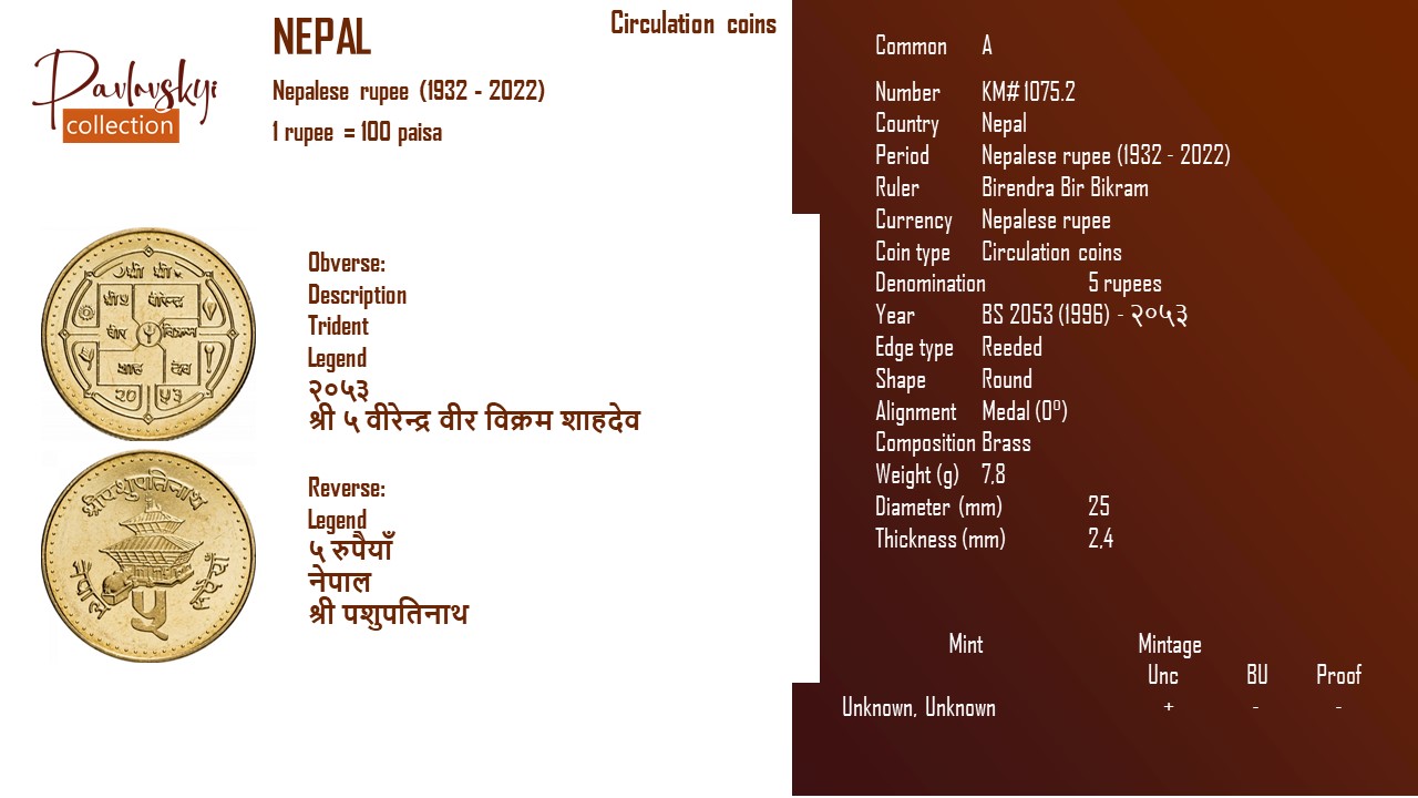 Детальніше про статтю Nepal 5 rupees BS 2053 (1996) – २०५३