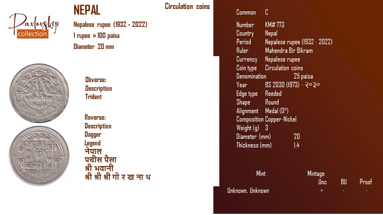 Детальніше про статтю Nepal 25 paisa BS 2030 (1973) – २०३०